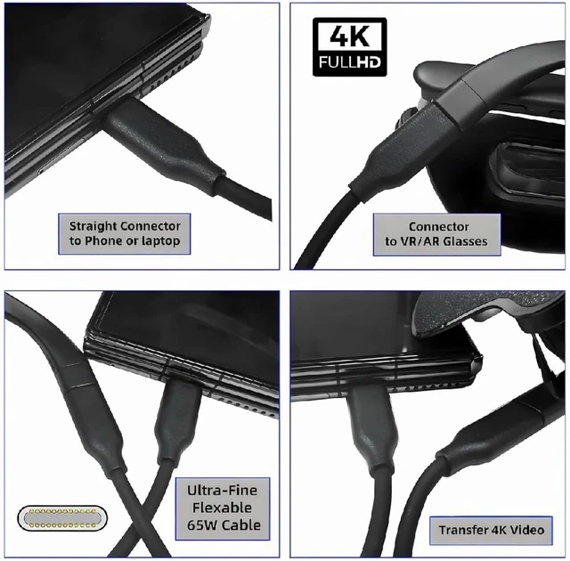 Alt view image 2 of 7 - cablecc USB-C Male to Male Cable, Ultra-Fine Flexable OD 3.0mm 10Gbps Data 65W PD Charging 4K Video Output for VR AR Glasses NS Handheld Console 2M