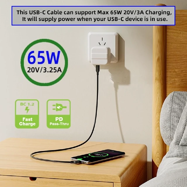 Alt view image 4 of 7 - cablecc USB-C Male to Male Cable, Ultra-Fine Flexable OD 3.0mm 10Gbps Data 65W PD Charging 4K Video Output for VR AR Glasses NS Handheld Console 2M