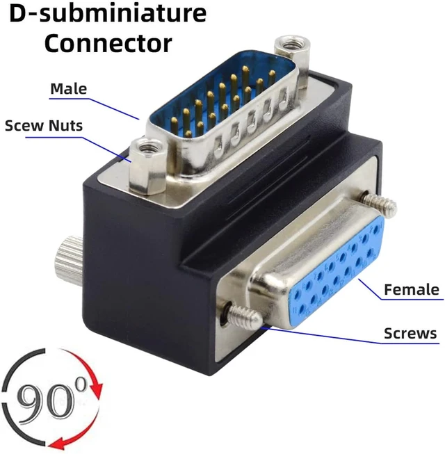 Alt view image 4 of 7 - cablecc 15pin DB Connector DSUB RS232 D-subminiature Male Nut to Female Screw Up 90 Degree Angled Extension Adapter
