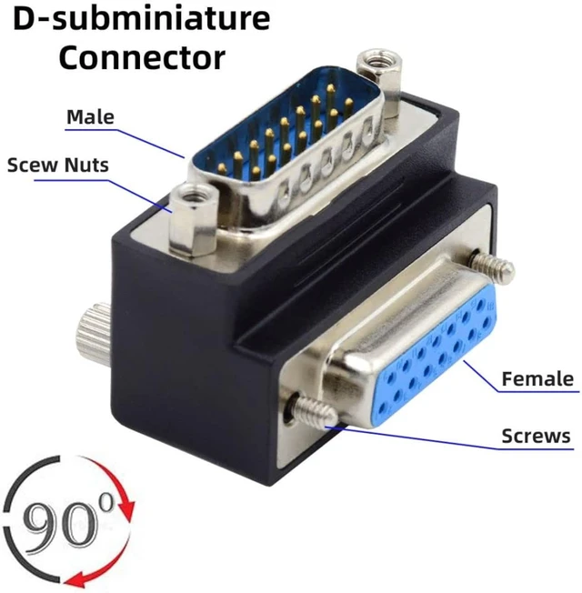 Alt view image 5 of 7 - chenyang 2 Pack DB15Pin Male to Female Extension Connector DSUB RS232 15Pin D-subminiature 90 Degree Angled Gender Changer Adapter
