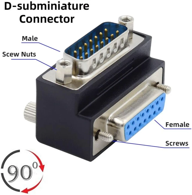 Alt view image 6 of 7 - chenyang 2 Pack DB15Pin Male to Female Extension Connector DSUB RS232 15Pin D-subminiature 90 Degree Angled Gender Changer Adapter