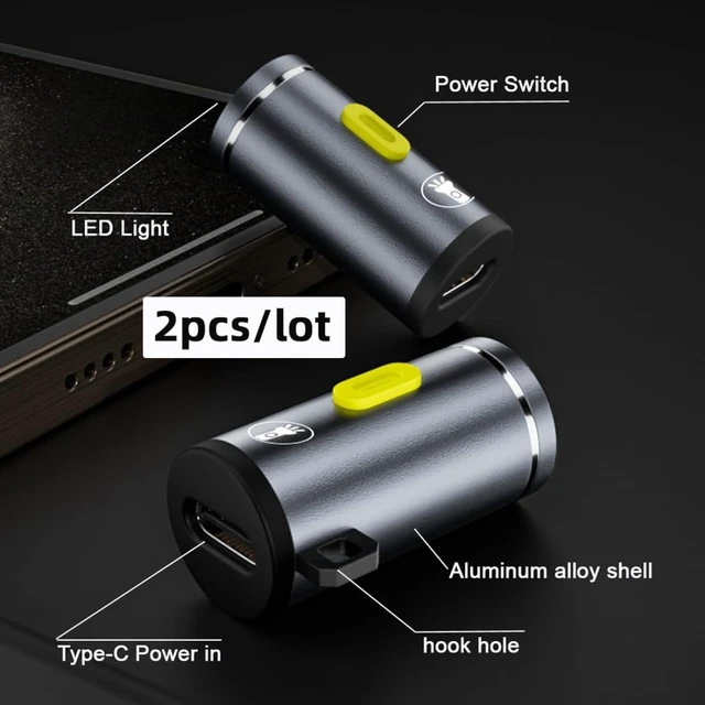 Alt view image 2 of 7 - chenyang 2 Pack Mini Flashlight USB C LED Light Brightness 210 Lumens Get Power from Charger/Power Bank Small Size & Easy to Carry with Hook Hole