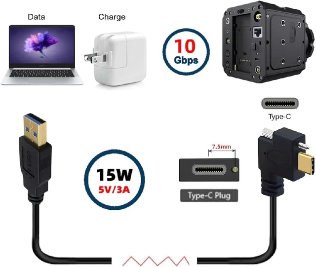 Alt view image 2 of 7 - cablecc USB 3.1 Type-C Single Locking Screw Left Right Angled to USB3.0 Type-A Male to Male Data Power Cable for Camera 5M