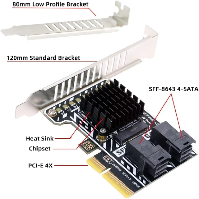 Alt view image 3 of 7 - cablecc PCIE 4.0 4X to Dual SFF8643 8-Port SATA 3.0 6Gbps Storage Expansion Adapter Card with Two Cables