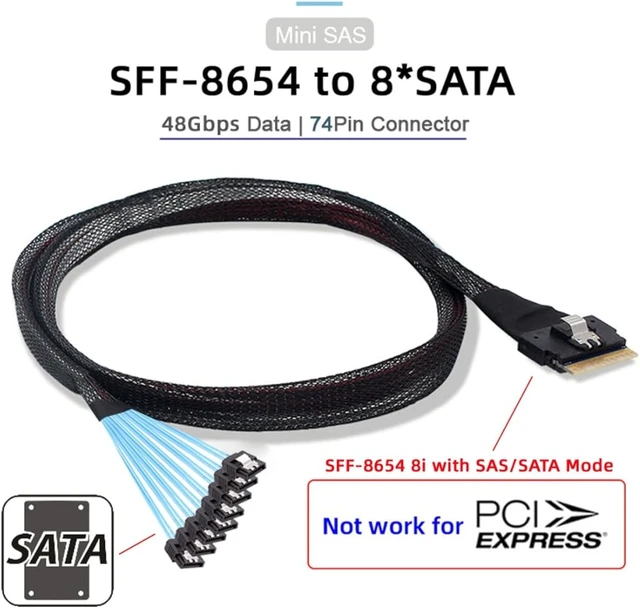 Alt view image 2 of 7 - chenyang SlimSAS Host/RAID to SATA Target Cable,Slim SAS 4.0 SFF-8654 8i 74Pin 1 to 8 SATA 7Pin Raid Controller/Hard Drive Cable 3.28FT/1.0M