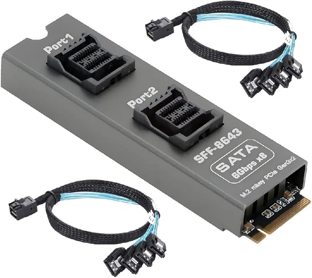 Main image of cablecc M-Key NVMe NGFF 2280 to Dual SFF-8643 Slimline 8Port SATA 3.0 6Gbps Storage Expansion Adapter Card with Two Cables