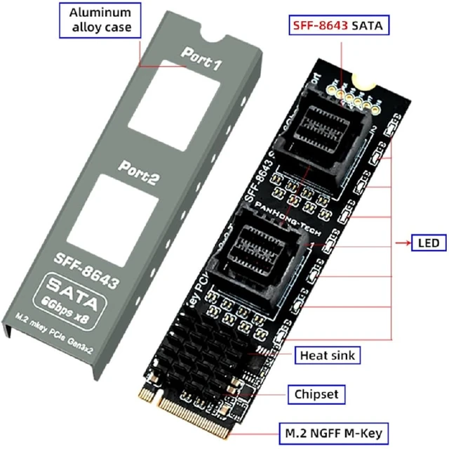 Alt view image 2 of 7 - cablecc M-Key NVMe NGFF 2280 to Dual SFF-8643 Slimline 8Port SATA 3.0 6Gbps Storage Expansion Adapter Card with Two Cables