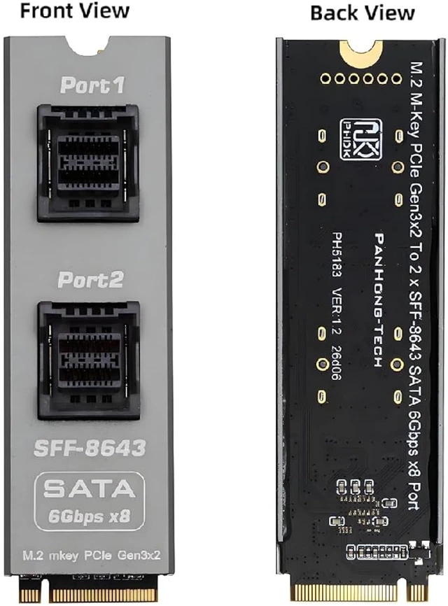 Alt view image 4 of 7 - cablecc M-Key NVMe NGFF 2280 to Dual SFF-8643 Slimline 8Port SATA 3.0 6Gbps Storage Expansion Adapter Card with Two Cables
