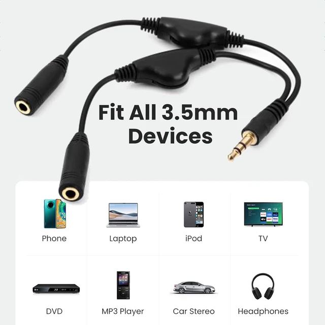 Alt view image 6 of 7 - Cablecc 3.5mm Stereo Male to Double 3.5mm Female Audio Headphone Y Splitter Cable with Volume Control Switch