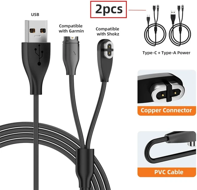 Alt view image 2 of 7 - chenyang 2 Pack 2 in 1 USB Charging Cable, USB A/USB C to 2Pin/4Pin 5V1A Magnetic Charging Cable 3.28FT Compatible with Shokz Headphones and Garmin Watch