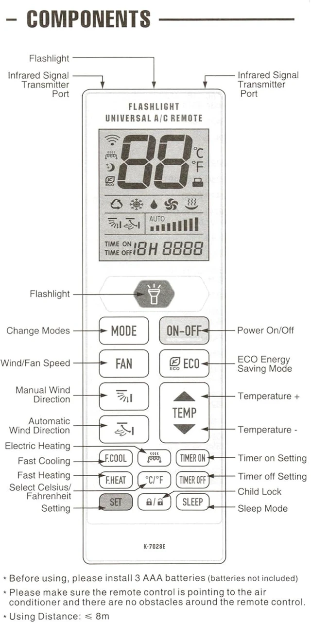 Alt view image 7 of 7 - Flashlight Universal A/C Remote Air Conditioner Controller with °F/°C Modes