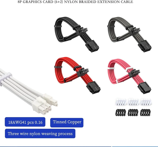Alt view image 2 of 7 - GPU 8Pin (6+2) Extension Cable 30cm Male to Female, 18AWG Tinned Copper, Color Nylon Braided, ATX PSU Power Cord for Graphics Cards (Red)