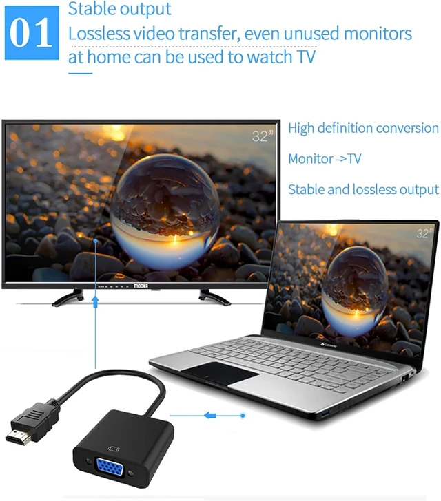 Alt view image 6 of 7 - VGA to HDMI-Compatible Adapter 1080P Male to Female Conversion with Power Audio Port Compatible with Standard HDMI Laptop PC TV (Black)