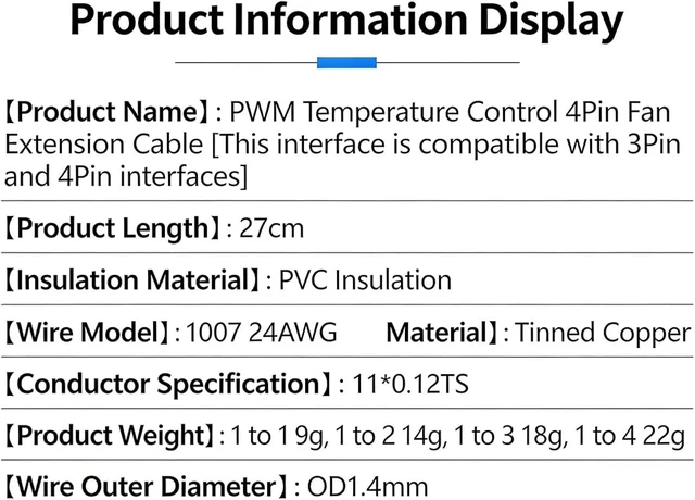 Alt view image 6 of 7 - 4 Pin PWM PC Fan Extension Cable Hub 27cm - Computer Cooling Fan Splitter and Extension Wire 1 to 1 2 3 4 Nylon Braided (1 to 1)
