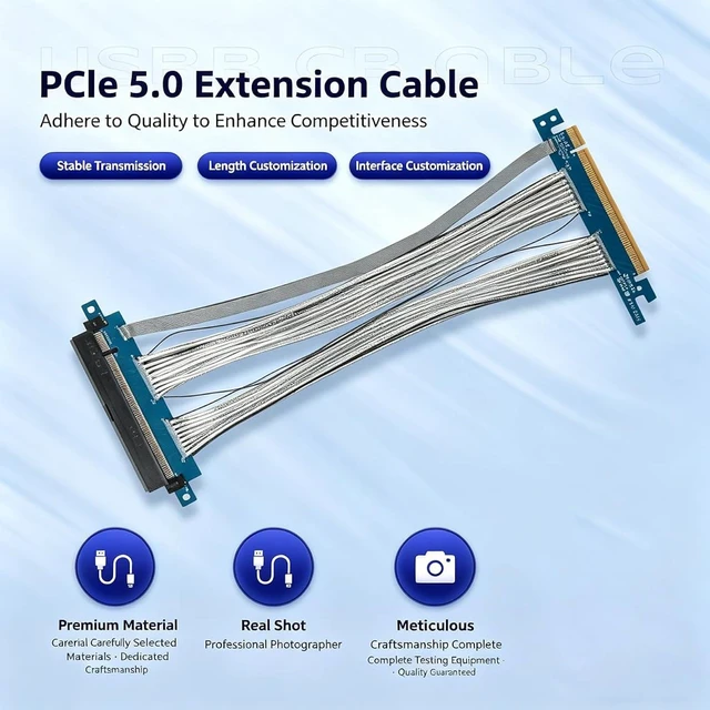 Alt view image 2 of 7 - PCIe 5.0 GPU High-Speed Riser Cable, 270° Connector, for Vertical GPU Mount & Server SAS, 26cm (10.2 in), Full Speed x16, PCIe 5.0/4.0/3.0 Compatible