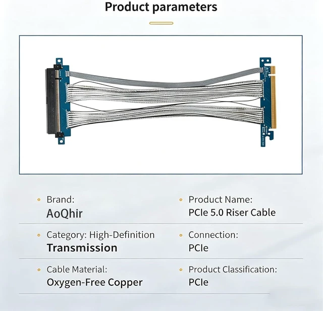 Alt view image 4 of 7 - PCIe 5.0 GPU High-Speed Riser Cable, 270° Connector, for Vertical GPU Mount & Server SAS, 26cm (10.2 in), Full Speed x16, PCIe 5.0/4.0/3.0 Compatible