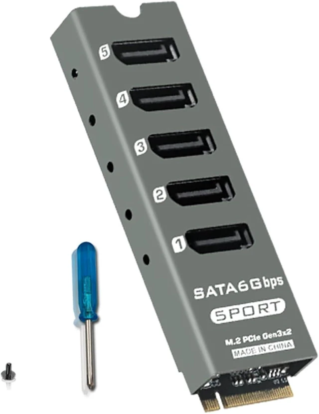 Main image of PH56PLUS M.2 PCIe M-Key to 5 Port SATA 3.0 6Gbps Adapter Card SATA Expansion for Desktop/PC, Supports PM, with Aluminum Enclosure & Activity LEDs