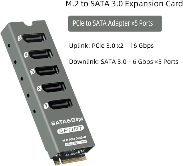 Alt view image 2 of 7 - PH56PLUS M.2 PCIe M-Key to 5 Port SATA 3.0 6Gbps Adapter Card SATA Expansion for Desktop/PC, Supports PM, with Aluminum Enclosure & Activity LEDs