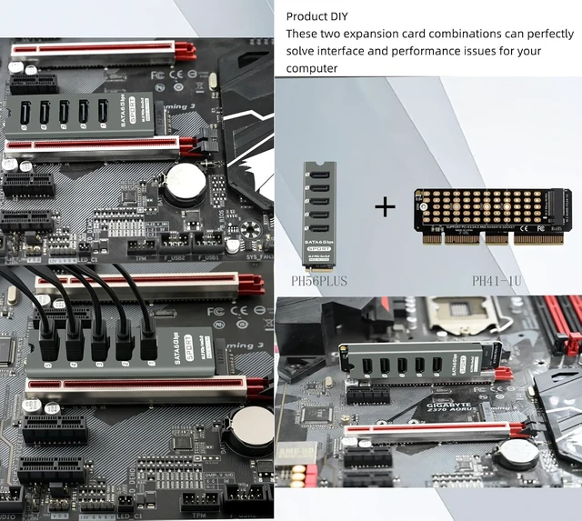 Alt view image 7 of 7 - PH56PLUS M.2 PCIe M-Key to 5 Port SATA 3.0 6Gbps Adapter Card SATA Expansion for Desktop/PC, Supports PM, with Aluminum Enclosure & Activity LEDs