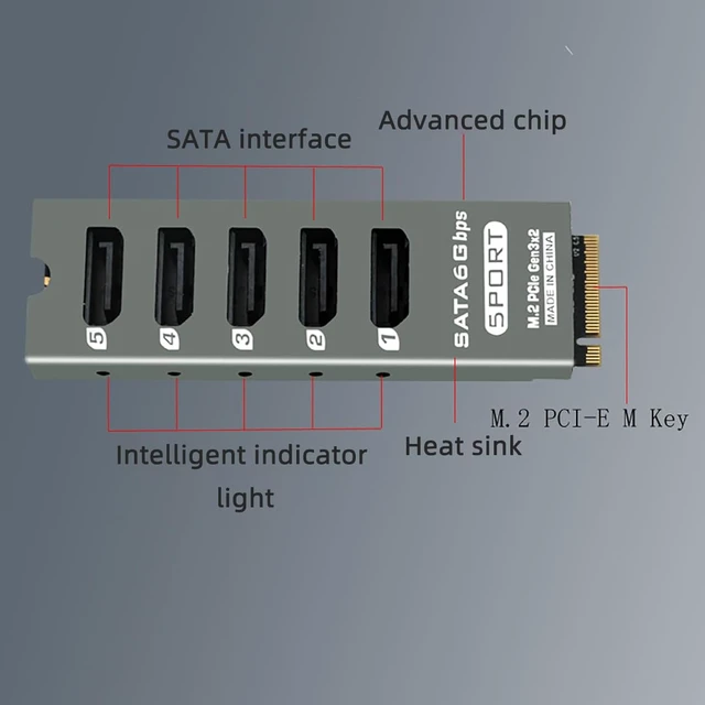 Alt view image 3 of 7 - PH56PLUS M.2 PCIe M-Key to 5 Port SATA 3.0 6Gbps Adapter Card SATA Expansion for Desktop/PC, Supports PM, with Aluminum Enclosure & Activity LEDs