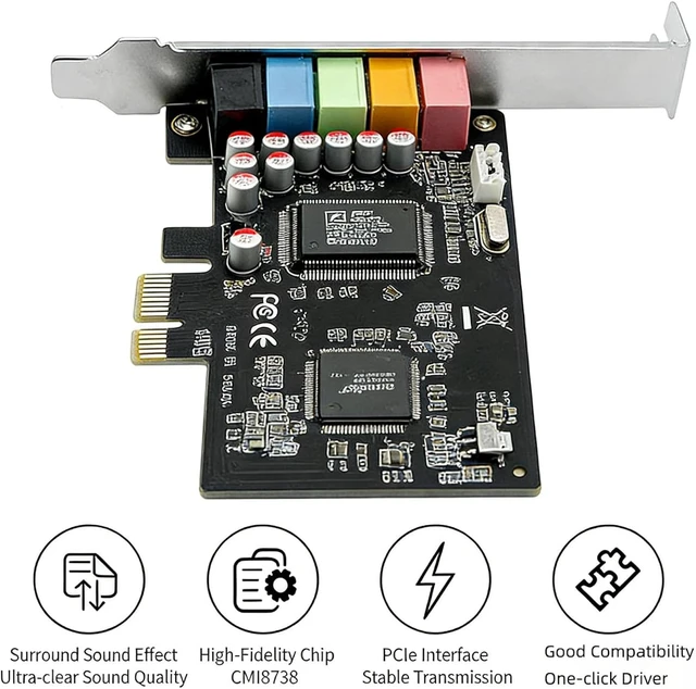 Alt view image 4 of 7 - PCIe X1 to 5.1CH Internal Sound Card with CMI87384CH Chip 5.1 Channel Surround Stereo Audio Card for Desktop PC Compatible with A3D, DS3D, DirectSound 3D, EAX Sound Effects
