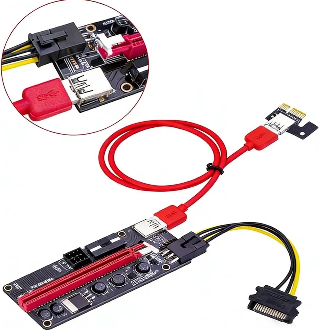 Alt view image 2 of 7 - PCIe 1X to 16X GPU Riser Extension Cable with USB 3.0 PCI Express Riser Adapter, 6 Pin Power for Desktop PC and GPU Vertical Mount (with Red Cable)