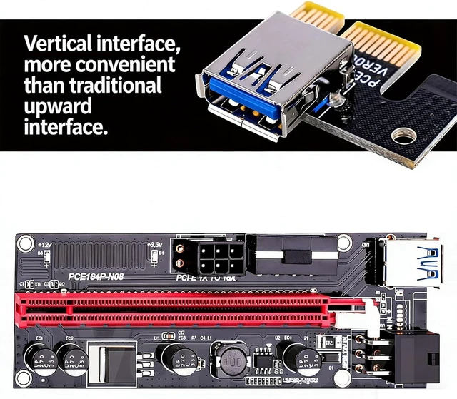 Alt view image 4 of 7 - PCIe 1X to 16X GPU Riser Extension Cable with USB 3.0 PCI Express Riser Adapter, 6 Pin Power for Desktop PC and GPU Vertical Mount (with Red Cable)
