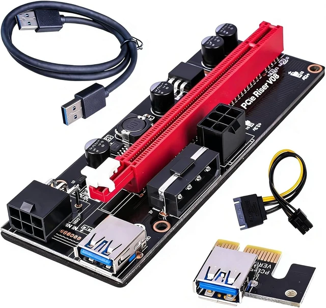 Alt view image 6 of 7 - PCIe 1X to 16X GPU Riser Extension Cable with USB 3.0 PCI Express Riser Adapter, 6 Pin Power for Desktop PC and GPU Vertical Mount (with Red Cable)