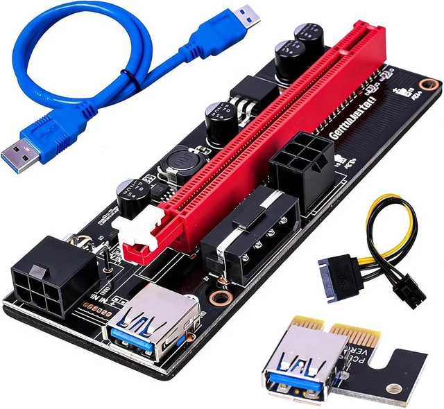 Alt view image 7 of 7 - PCIe 1X to 16X GPU Riser Extension Cable with USB 3.0 PCI Express Riser Adapter, 6 Pin Power for Desktop PC and GPU Vertical Mount (with Red Cable)