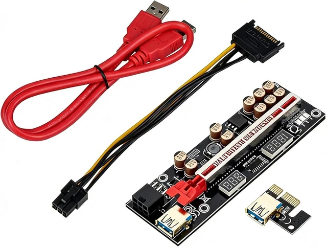 Main image of PCIe 1X to 16X GPU Riser Extension Cable with USB 3.0 Riser Adapter with Temperature Voltage Monitor and 6 Pin Power (Red Slot)