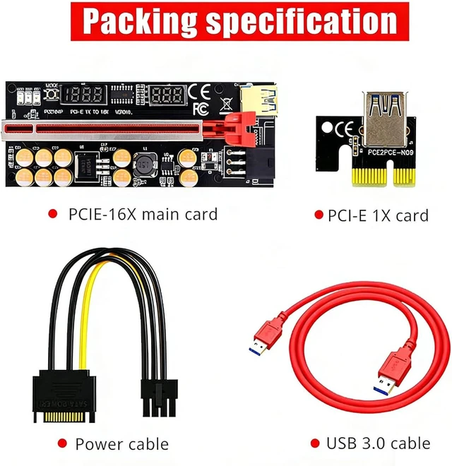 Alt view image 7 of 7 - PCIe 1X to 16X GPU Riser Extension Cable with USB 3.0 Riser Adapter with Temperature Voltage Monitor and 6 Pin Power (Red Slot)