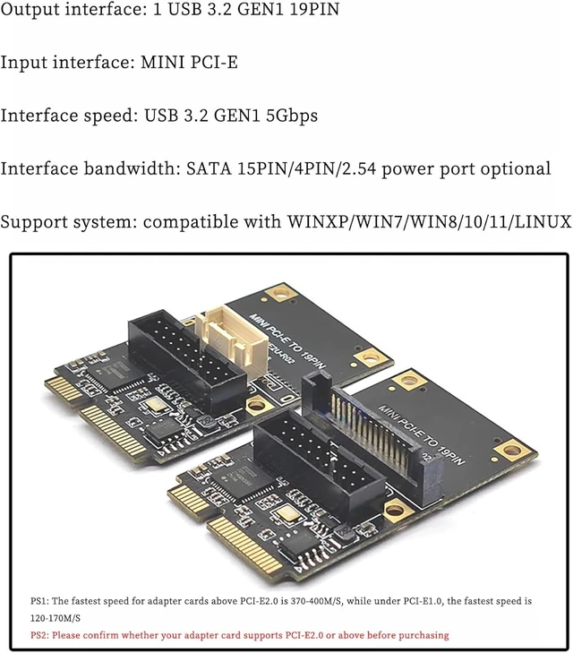 Alt view image 2 of 7 - Mini PCI-E to USB 3.2 Gen1 19-Pin Dual-Port Expansion Card 5Gbps Adapter Support Half-Height Bracket, Compatible with Windows/Linux (Small 4-Pin Power Port)