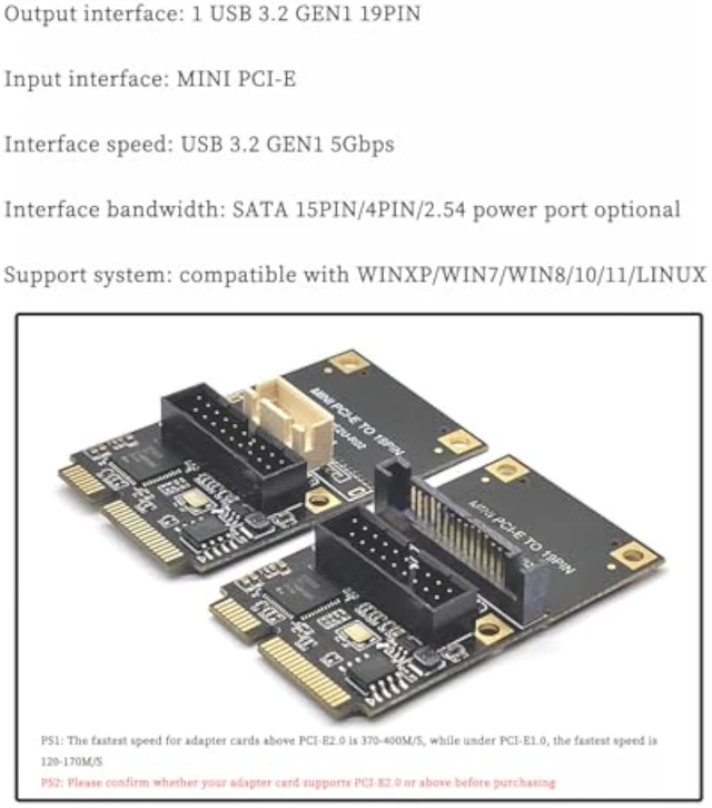 Alt view image 7 of 7 - Mini PCI-E to USB 3.2 Gen1 19-Pin Dual-Port Expansion Card 5Gbps Adapter Support Half-Height Bracket, Compatible with Windows/Linux (Small 4-Pin Power Port)