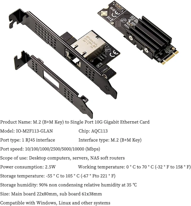Alt view image 5 of 7 - IO-M2F113-GLAN M.2 B+M Key to 10G RJ45 Net Work Card Adapter Support Desktop, Servers, NAS Soft Routing