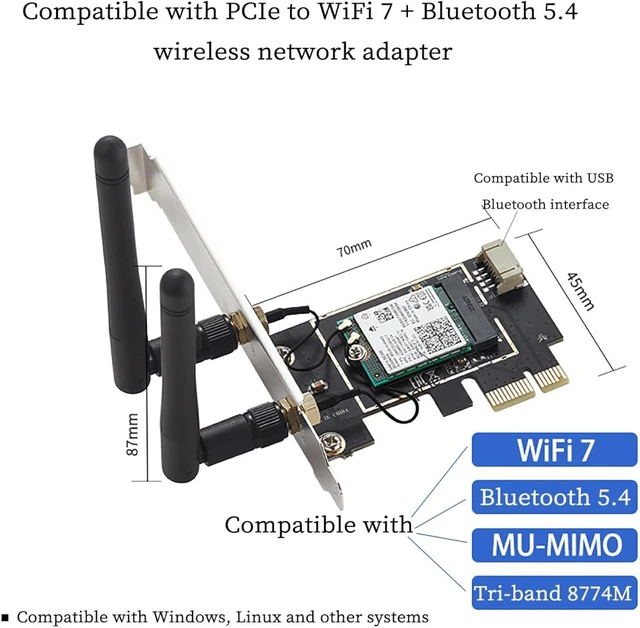 Alt view image 2 of 7 - PCIe Network Card with BE200 Chip Compatible with Wi-Fi7 Bluetooth 5.4 6 GHz 5800 Mbps Tri-Band Wire Less Adapter for Desktop PC, PCIe x1/x4/x8/x16 Support, MU-MIMO & Gigabit Network