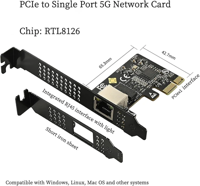 Alt view image 6 of 7 - IO-PCE8126-GLAN PCIe X1 to 1Port 5G RJ45 Net Work Card PXE Diskless Boot Net Work Adapter Support Desktop, Server, NAS Soft Routing