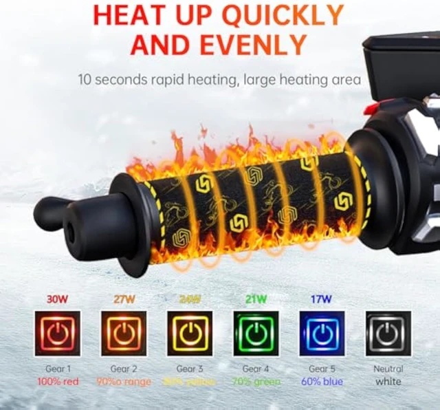 Alt view image 5 of 7 - 20-90V Heated Motorcycle Handlebar Grips with Memory Function, 6 Temperature Levels, Waterproof Kevlar & PET Heating Film, Yellow-Edge Design for Motorcycles, Scooters, ATVs