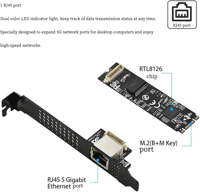 Alt view image 3 of 7 - M.2 B+MKey to 5G RJ45 Net Work Card PXE Diskless Boot Net Work Adapter for Desktops, Servers, NAS Soft Routing IO-M2F8126-GLAN