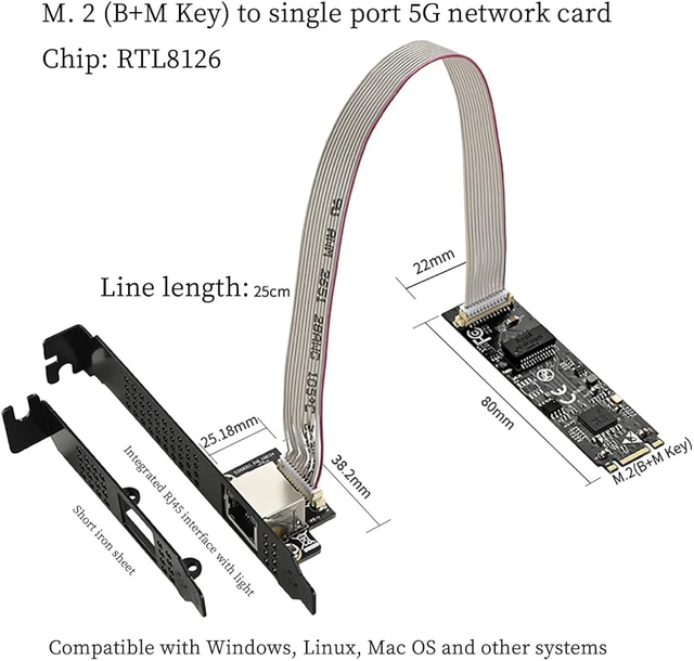 Alt view image 5 of 7 - M.2 B+MKey to 5G RJ45 Net Work Card PXE Diskless Boot Net Work Adapter for Desktops, Servers, NAS Soft Routing IO-M2F8126-GLAN