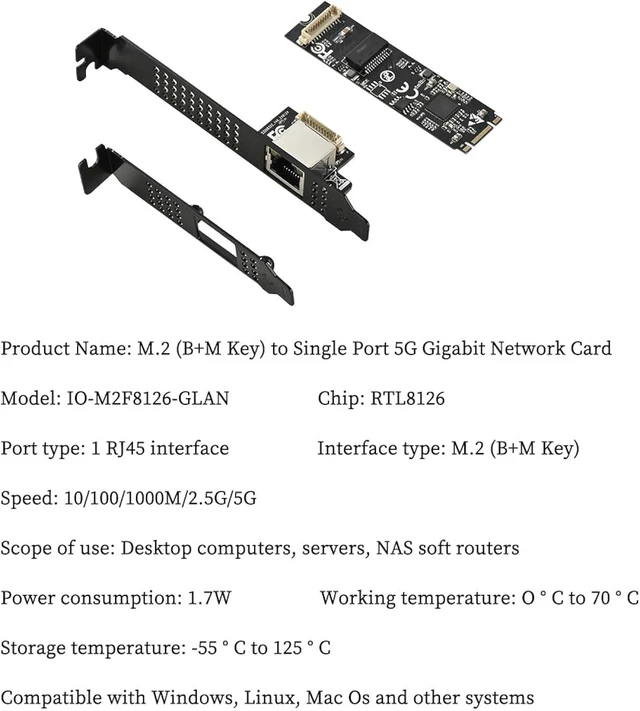 Alt view image 6 of 7 - M.2 B+MKey to 5G RJ45 Net Work Card PXE Diskless Boot Net Work Adapter for Desktops, Servers, NAS Soft Routing IO-M2F8126-GLAN