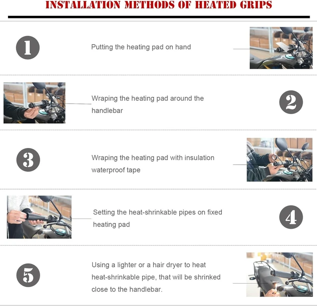 Alt view image 5 of 7 - Heated Motorcycle Handlebar Grips 12V Adjustable Temperature Fast Heating PET Metal Film Hand Warmers for All 12V Motorbikes, Waterproof Switch, Easy Installation