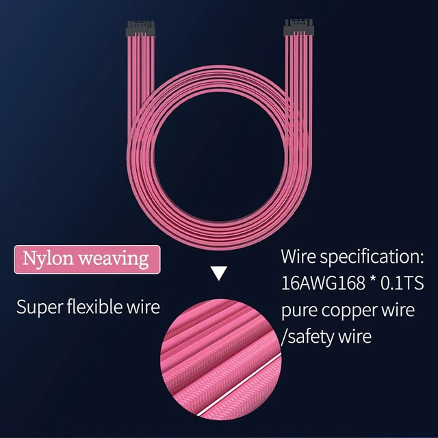 Alt view image 3 of 7 - PCI-E5.0 12+4P Modular Cable 32GT/s Male to Male Graphics Card Braided Mesh Power Cable 70cm/27.56in Support RTX3090Ti 4090/4080 Series (Pink)