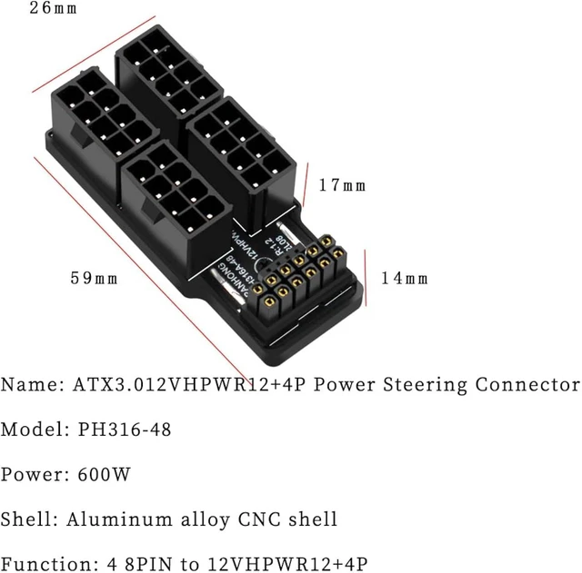 Alt view image 6 of 7 - PH316-48 4 * 8P to ATX3.0 12VHPWR 12+4P 180 Degree Power Steering Connector 600 W for 40 Series Graphics Card, Black (B Type)