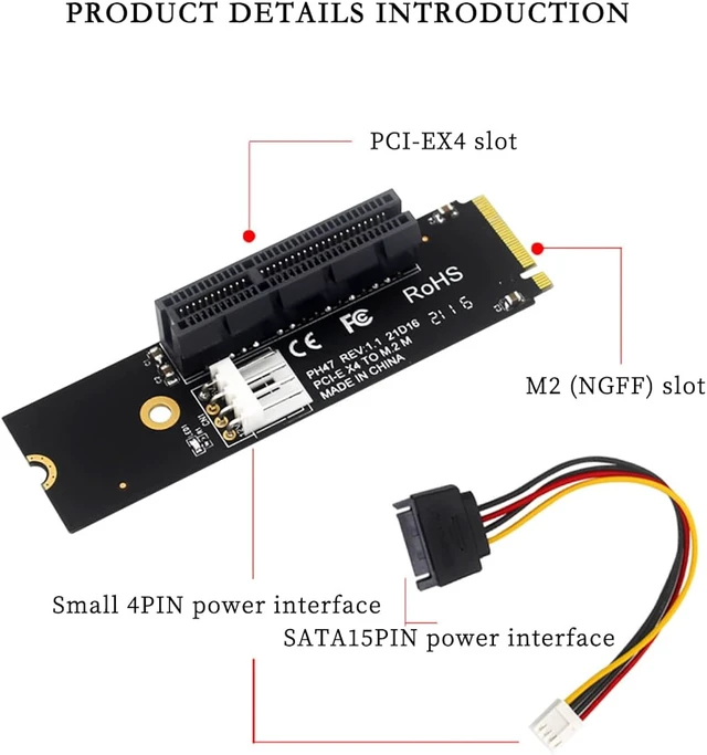 Alt view image 2 of 7 - PH47 M.2 M-Key to PCI-E X4 Expansion Card LED Indicator with SATA 15pin Power Riser for Desktop Computer X1 X4 X8 X16