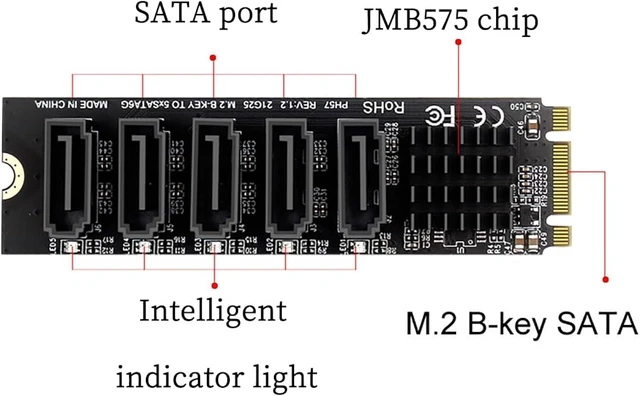 Main image of PH57 M.2 NGFF Bkey to 5Ports SATA III Expansion Card 6Gbps with LED Indicator Support Computer with SATA PM Function