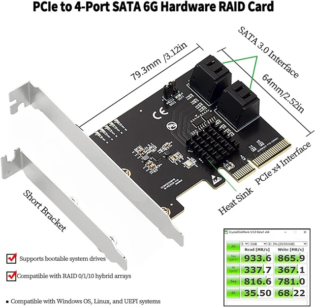 Alt view image 2 of 7 - PCIe X4 to 4-Port SATA 6Gbps RAID Controller Card, 9236 Chip SATA3.0 Expansion Adapter Supports RAID 0/1/10 4 SATA III Hard Drive PCI Express Card