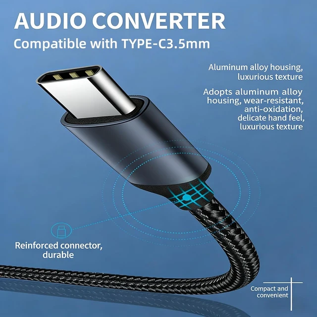 Alt view image 3 of 7 - USB C to 3.5mm Audio Adapter Male to Female Headphone Jack Converter Compatible with Android Phones USB C Devices Aluminum Shell (Black)