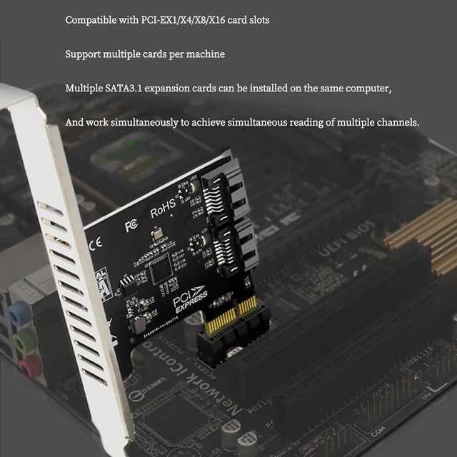Alt view image 3 of 7 - PH52A PCIE x1 to 2Port SATA3.0 Expansion Card 6Gps Support Soft RAID for Desktop Compatible with Wins10 Linux