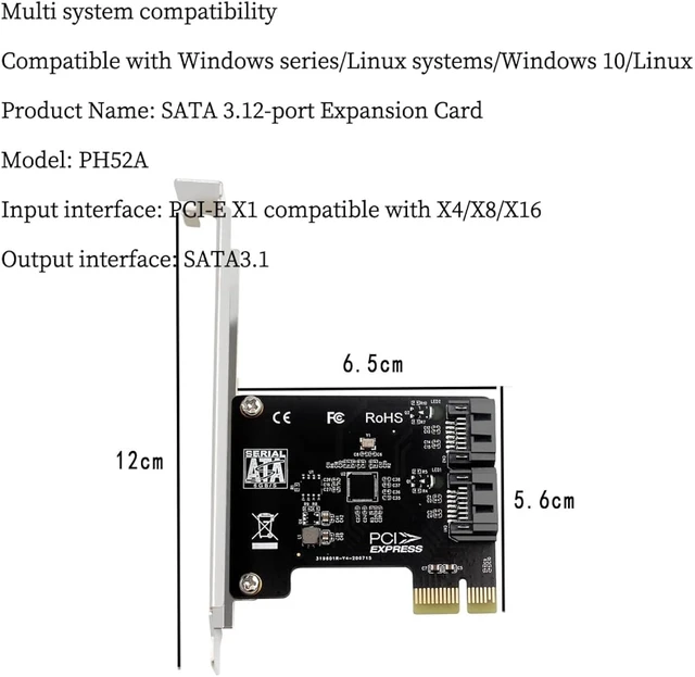 Alt view image 7 of 7 - PH52A PCIE x1 to 2Port SATA3.0 Expansion Card 6Gps Support Soft RAID for Desktop Compatible with Wins10 Linux