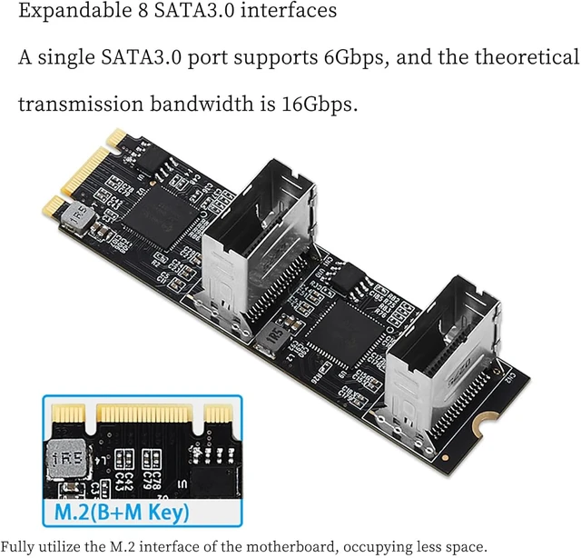 Alt view image 2 of 7 - PCIe 3.0 M.2 B+M Key to 8-Port SATA3 6Gbps Expansion Card Dual Mini-SAS Connectors, RAID Support for Desktop/Server